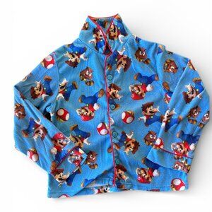 Super Mario Land Blue Fleece Pajama Top Kids Button Front Long Sleeve